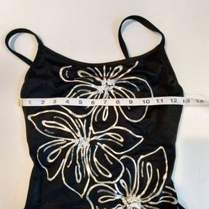 Vintage DeWeese Women's Black Swimsuit Maillot Flowers Gold Silver Beaded Floral